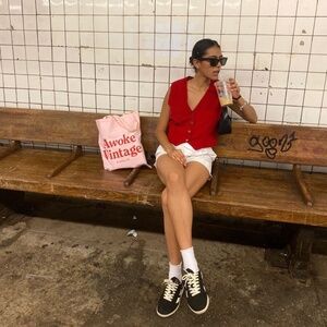 70s Red Button Down Waistcoat Vest Relaxed Fit Sleeveless V-Neck